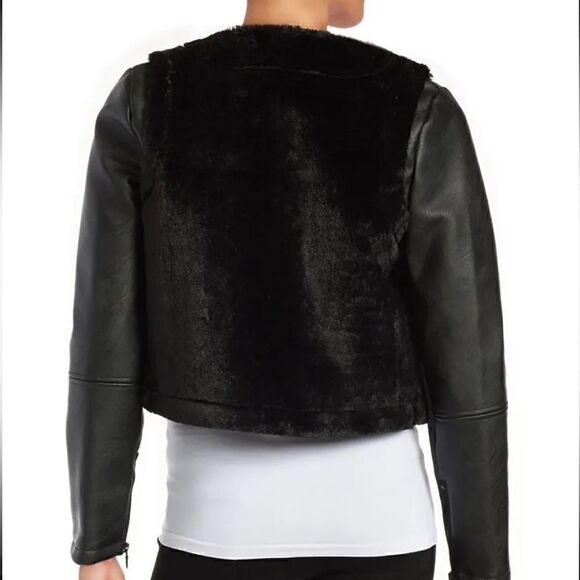 Sam Edelman Gabby Black Faux Fur and Vegan Leather Cropped Jacket Size Small - Picture 3 of 12